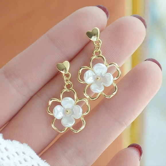 Gold-plated Heart Enamel Flower drop earrings with silver post BOGO - Picture 9 of 11
